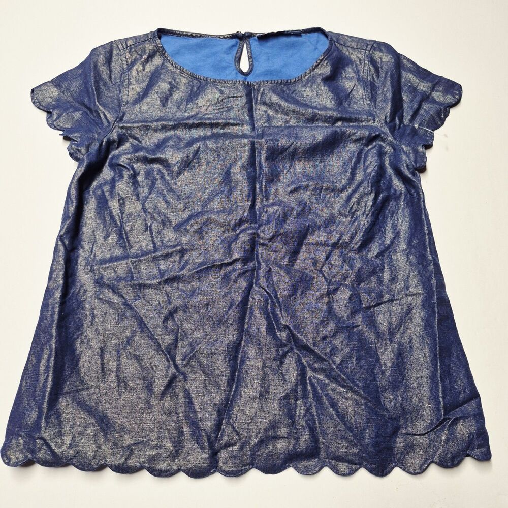 Vineyard Vines Blue Gold Metallic Linen Blend Scallop Hem Shirt Top Size 8